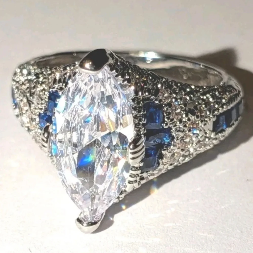 Ladie's 5ct Marquise White Cubic Zirconia Engagement Ring With Sapphire Accents